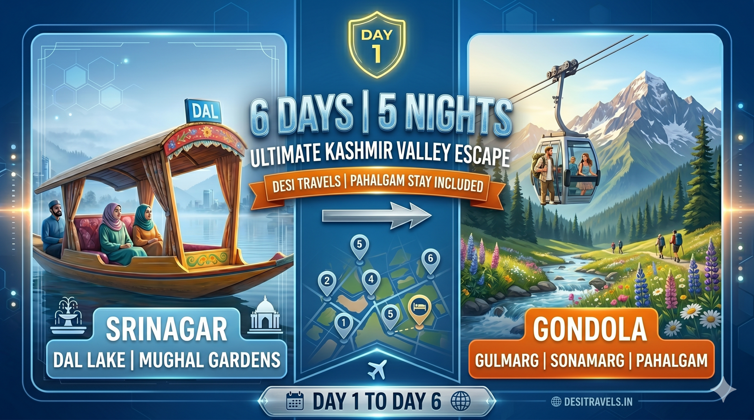 This extended 6-day itinerary is designed to give you a deeper, more relaxed experience of the "Paradise on Earth." By adding a night in Pahalgam, we ensure you truly soak in the "Valley of Shepherds" rather than rushing back to Srinagar.